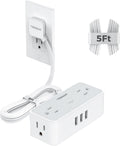 Ultra Thin 5FT Flat Extension Cord, TESSAN Surge Protector Flat Plug Power Strip, 4 Wide Spaced AC Outlets 3 USB A, 900 Joules Protection, Suitable for Home Office Dorm