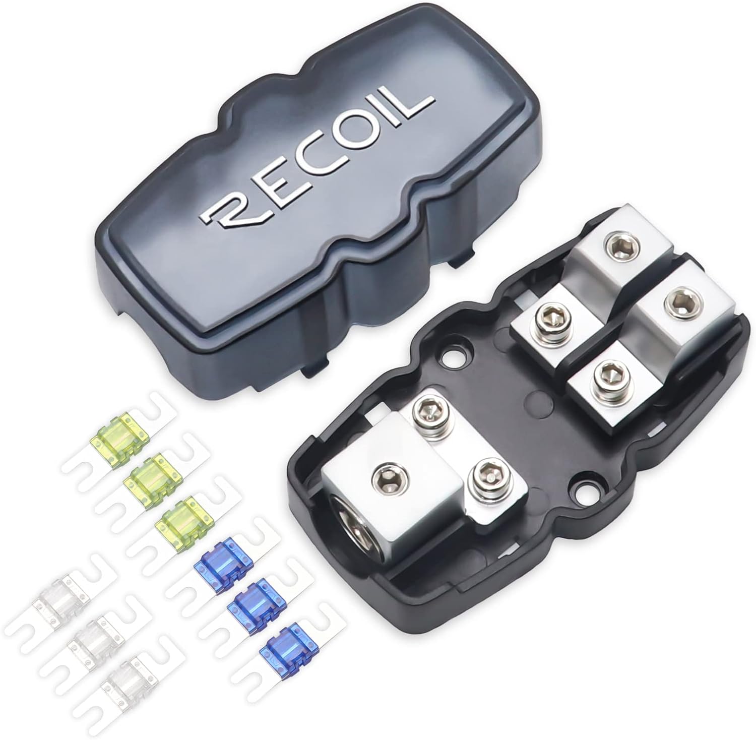 Recoil MFH12 2 Way Mini-ANL Fused Distribution Block, 1 X 0/2/4 Gauge in / 2 X 4/8 Gauge Out Fused Distribution Block with 60A, 80A, 100A Fuses, Solid Brass for Maximum Power Transfer