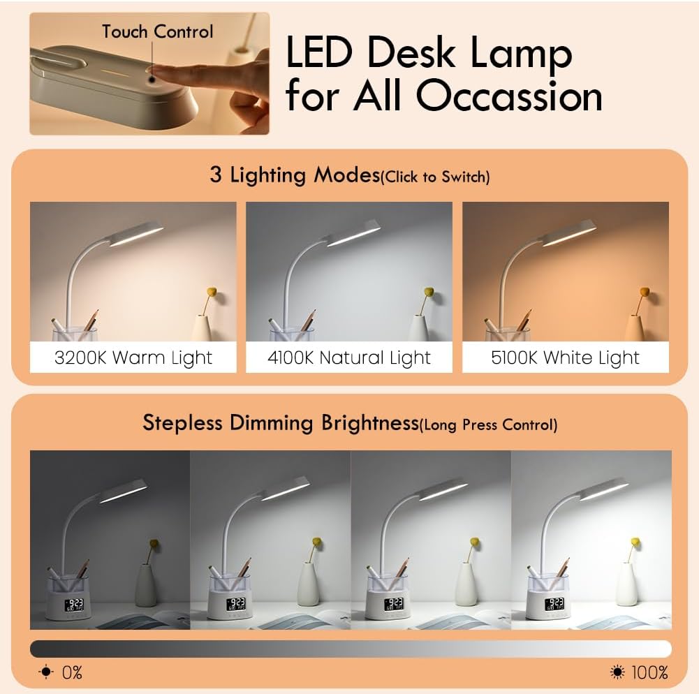 WILIT LED Desk Lamps for Home Office with Pen Holder, Table Lamp for Bedroom with USB Charging Port & Clock, RGB Night Light, Study Lamp for Kids Student, Desk Lamp for College Dorm Room Essentials