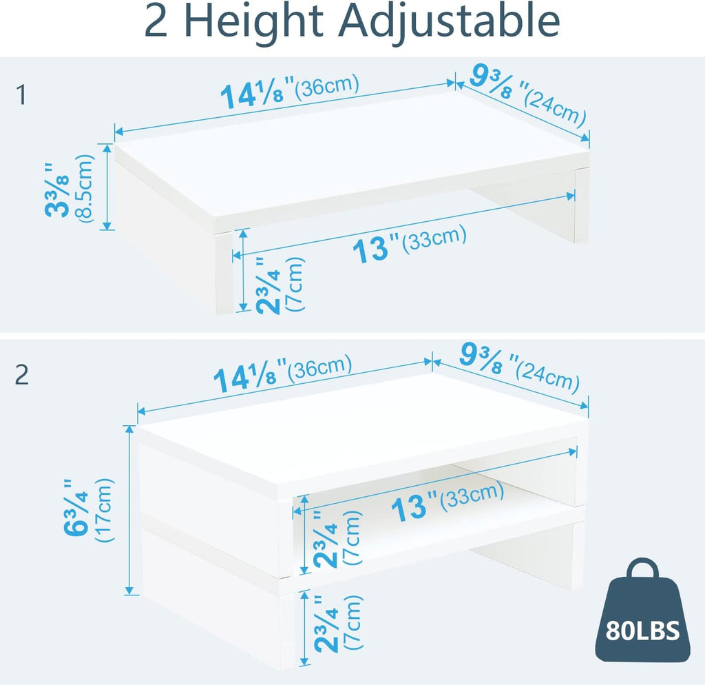 TEAMIX White Monitor Stand Riser - 2 Pack, Wood 2 Tier Adjustable Dual Monitor Riser for Laptop/PC Computer Stand for Desk
