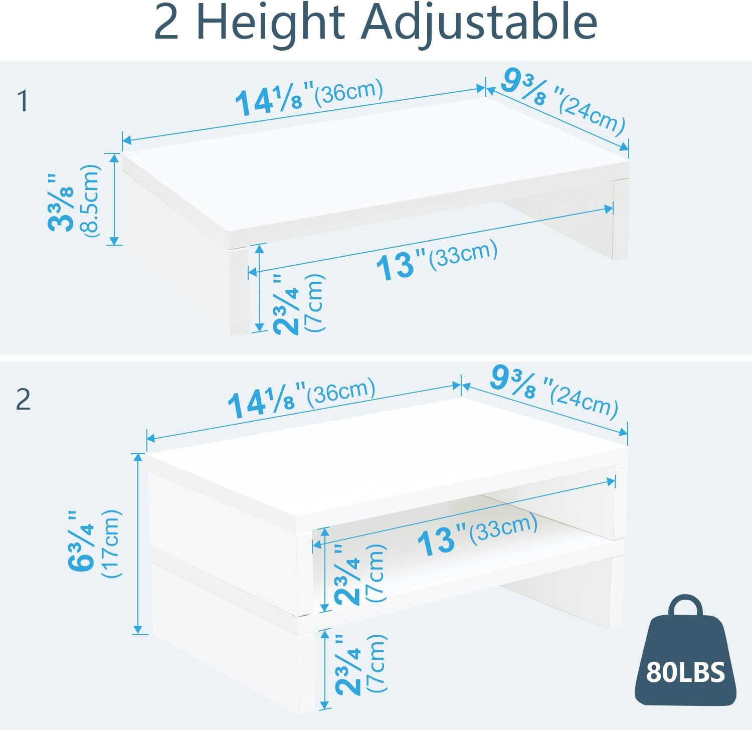 TEAMIX White Monitor Stand Riser - 2 Pack, Wood 2 Tier Adjustable Dual Monitor Riser for Laptop/PC Computer Stand for Desk