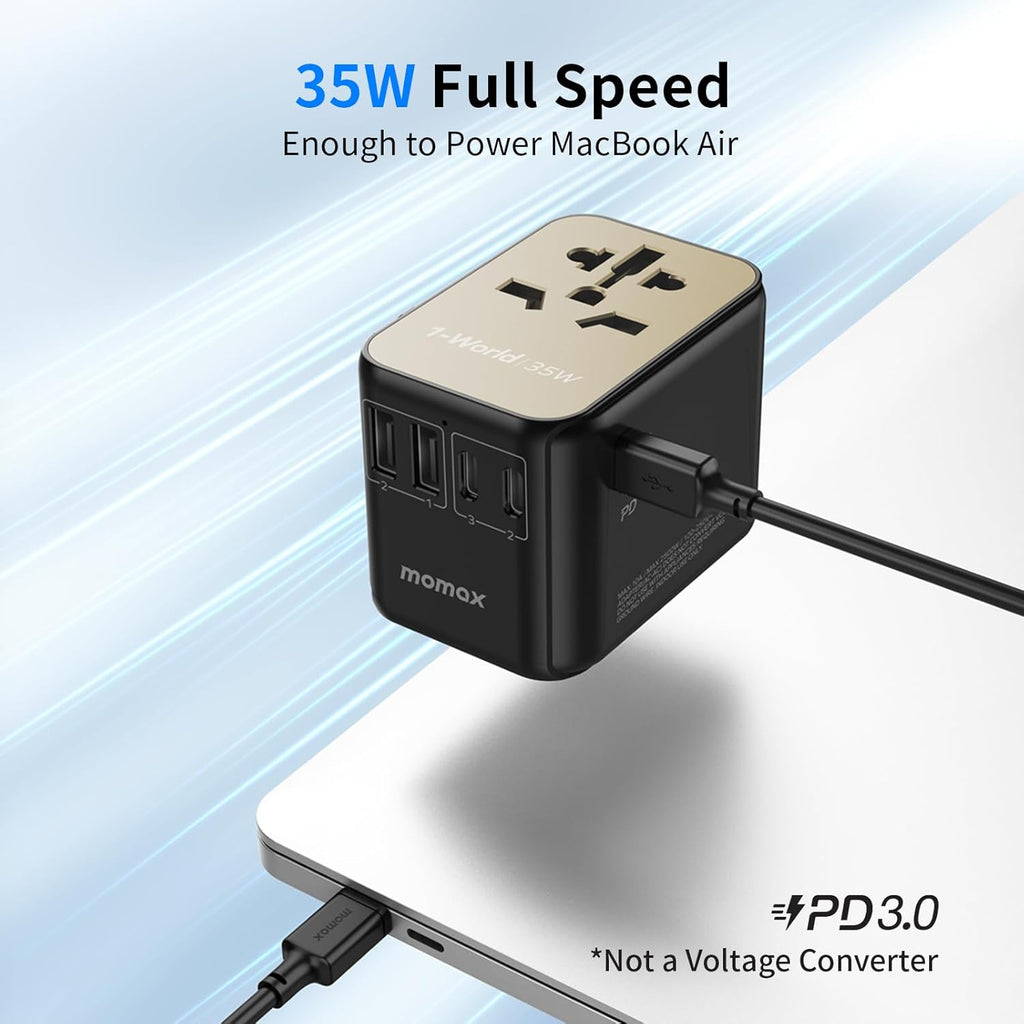 MOMAX Universal Travel Adapter, PD 35W Fast Charge International Power Adapter, 3 USB C & 2 USB A, Worldwide Travel Plug Adapter, International Power Adapter for Europe, USA, Japan, Aus(Type C/A/G/I)