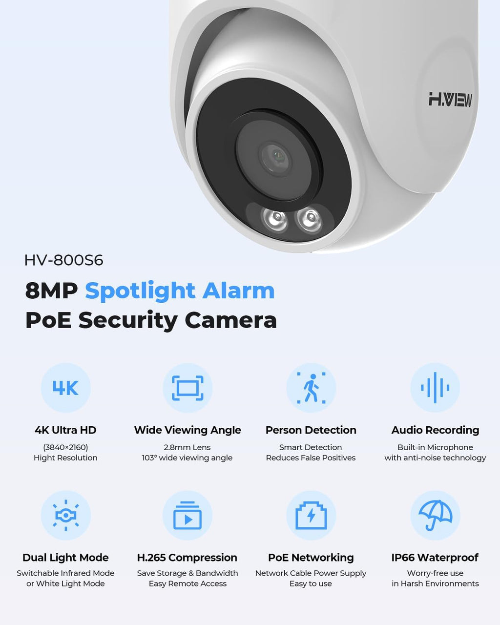 H.VIEW 8CH 4K CCTV Camera Security System, 4TB HDD, 8pcs 8MP Security Camera Outdoor, Trigger Color Night Vision, Two-Way Audio, Human Body Detection, Cameras System for Home Security