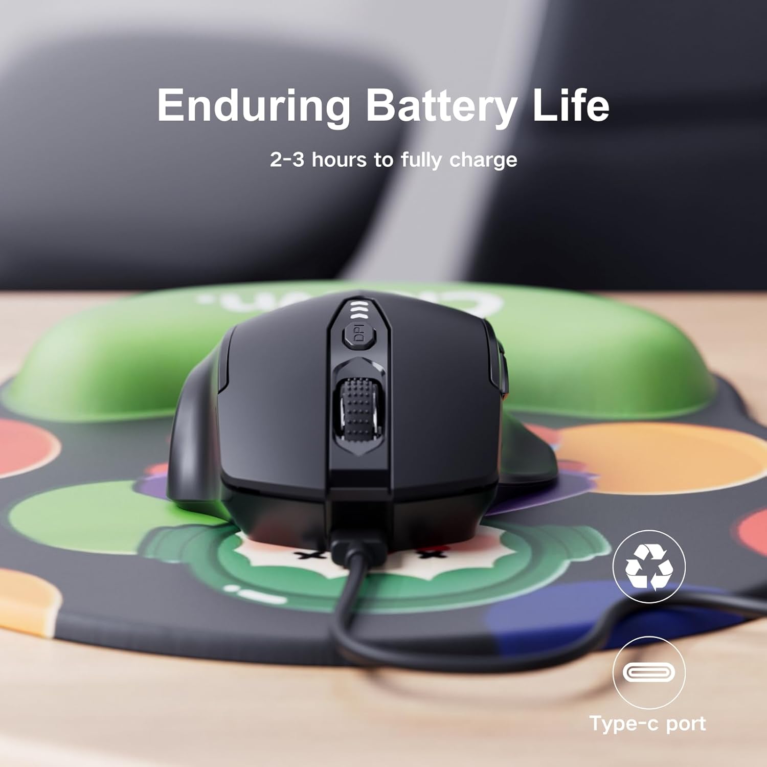 Wireless Mouse,Upgraded 2.4GHz Rechargeable (Battery Level Visible) Ergonomic Computer Mouse,4 Levels DPI, Wireless Mice for Laptop Computer(Matte Black)