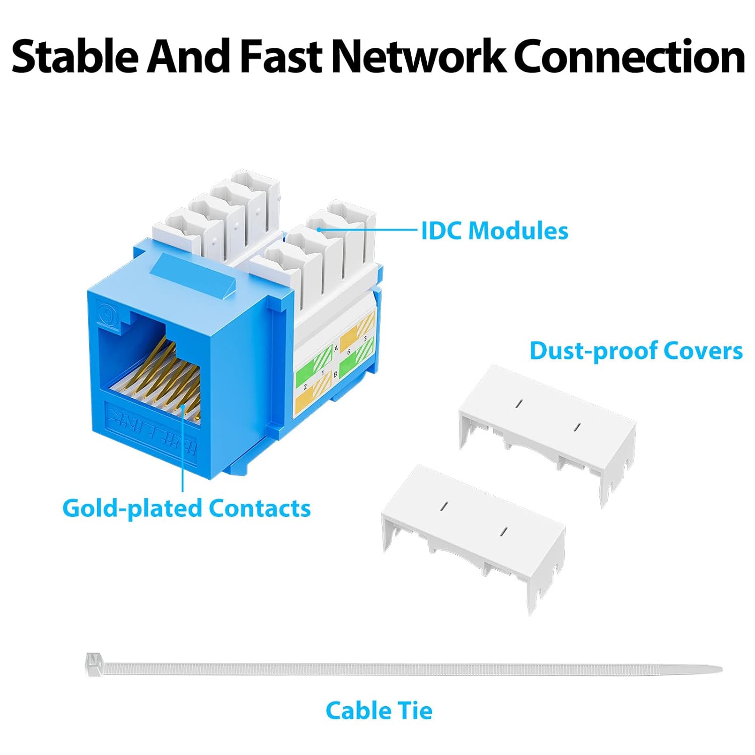 iwillink 10Gbps Cat6 Keystone Jack, RJ45 Keystone Jack 25-Pack and Keystone Punch-Down Stand, UTP Modular Ethernet Jack Insert 90-Degree, Punch Down Keystone Jack Adapter, Blue