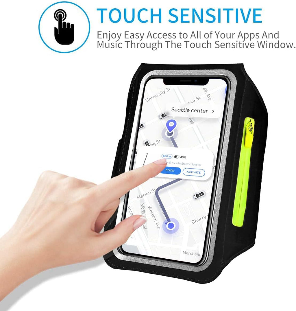 Running Armband with Earphone Bag Cell Phone Armband for iPhone 16 15 Pro 14 Plus 13 11 XR XS, Galaxy S24/S10 Water Resistant Sports Phone Holder Case & Zipper Slot Car Key Holder for 6.7 inch Phone