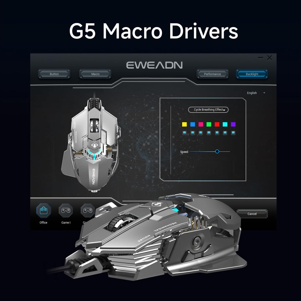 EWEADN G5 Wired Gaming Mouse, Ergonomic RGB Computer Mouse, 12800 Adjustable DPI, 9 Programmable Macro Buttons with Rapid Fire Key Compatible for PC/Laptop/Windows-Grey&White