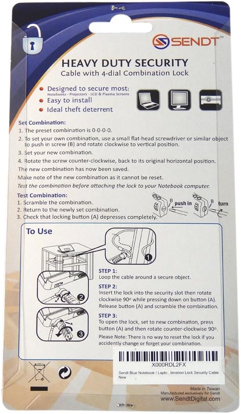 Sendt Blue Notebook/Laptop Combination Lock Security Cable