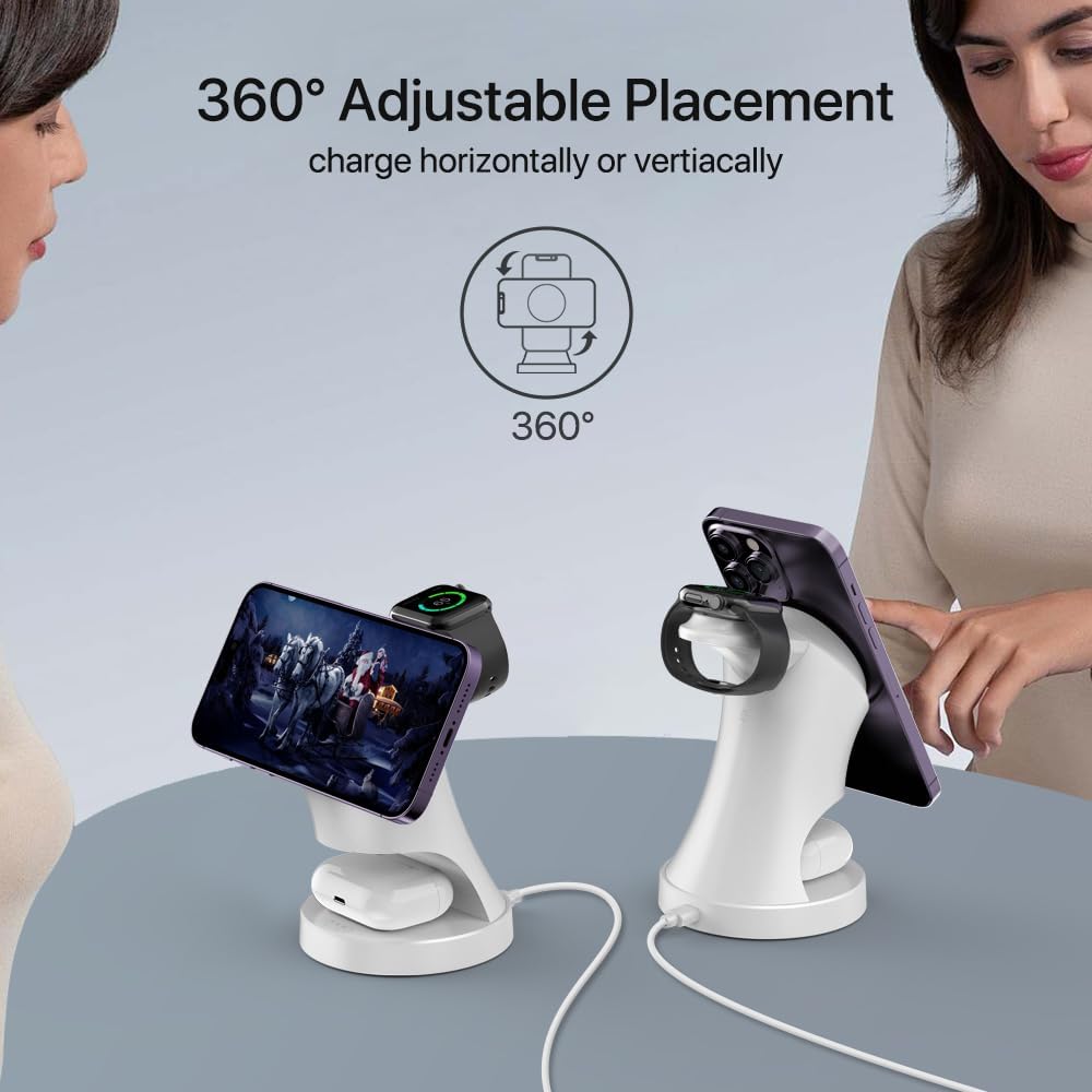 3 in 1 Wireless Charging Station for Apple Devices,Magsafe Charger Stand for IPhone16 15 14 13 12 Pro/Max/Plus/Mini Wireless Charger Station for AirPods 2/3/Pro iWatch Ultra/8/7/SE/6/5/4/3/2 (White)