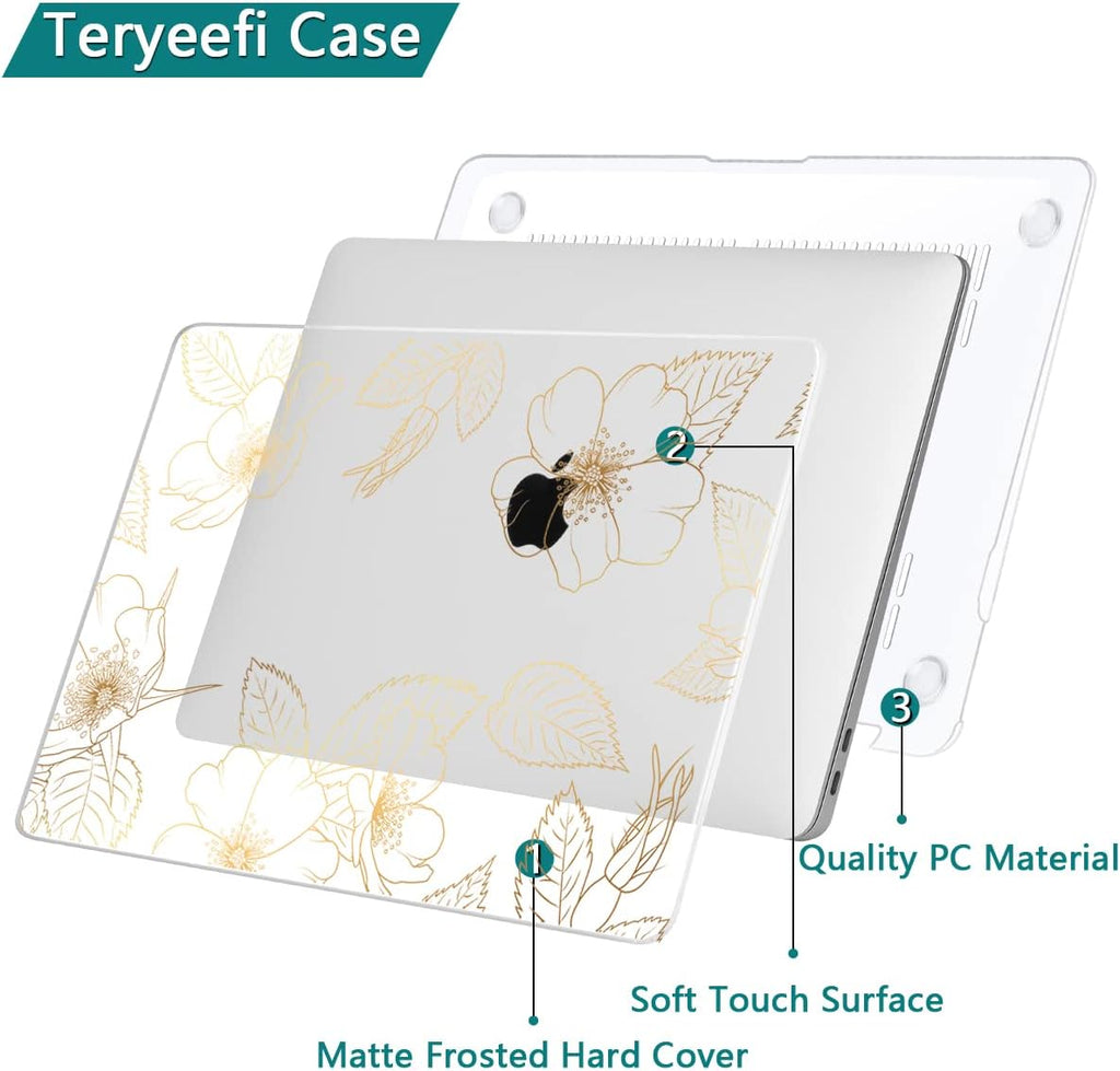 Teryeefi for 2022 2020 MacBook Pro 13 inch Case M2/M1 Chip (Model A2338 A2289 A2251 with Touch Bar), Plastic Hard Shell Case & Keyboard Cover & Screen Protector, Gold Floral Leaf