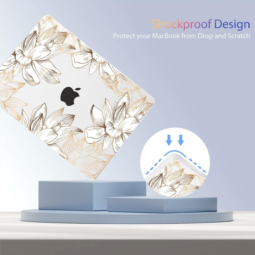 Teryeefi Compatible with M4 MacBook Air 13.6 inch Case 2022-2025 Release M3 A3113 M2 A2681 with Touch ID, Design Hard Shell Case+Keyboard Cover+Screen Protector+Type C Adapter, W-Gold Flower Line
