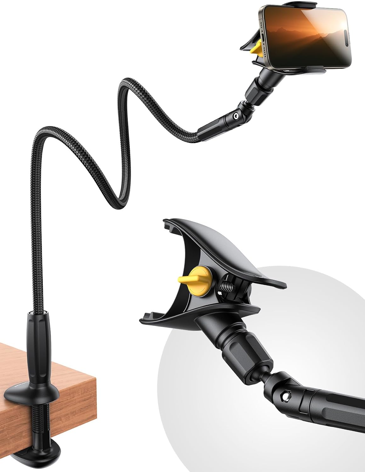 JOYROOM Gooseneck Phone Holder for Bed, [Upgrade Safety Lock] Flexible Long Arm Phone Stand, 720° Adjustable Desk Clamp Clip Phone Mount for iPhone 16 & All 4-7" Devices