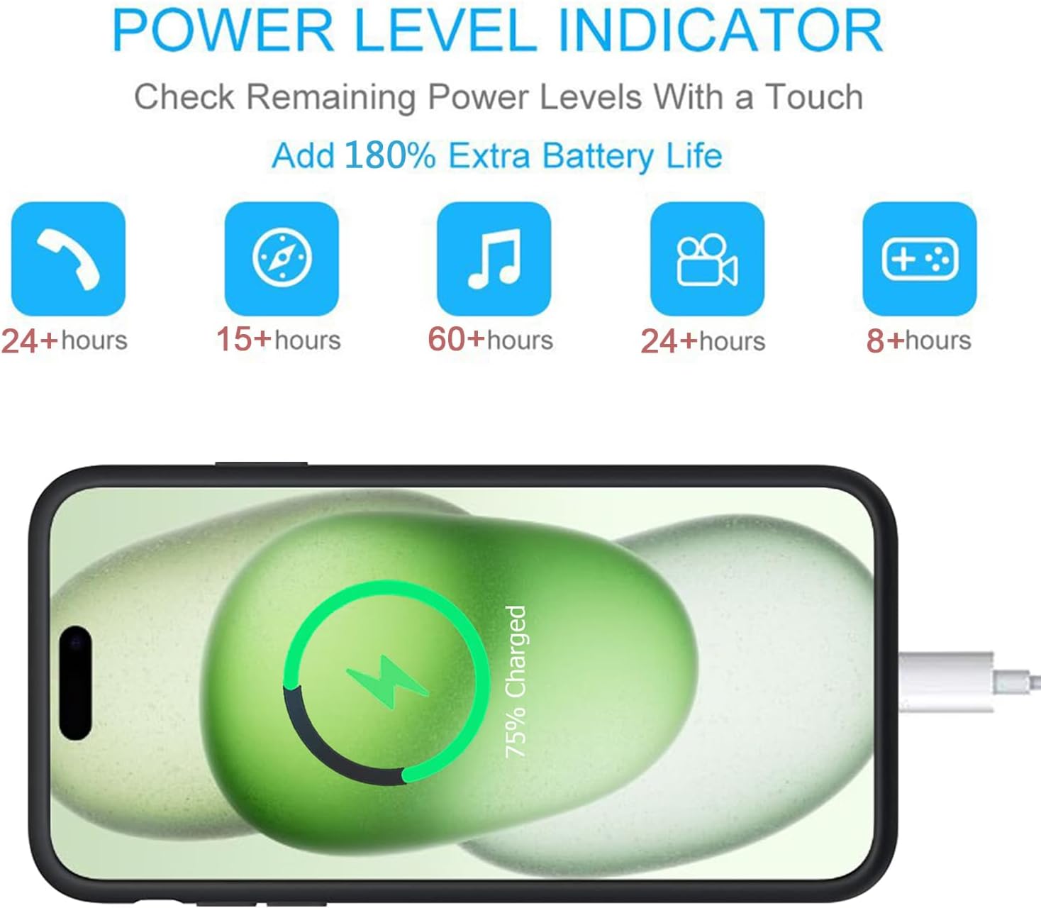 Battery Case for iPhone 15, Upgraded 10000mAh Portable Protective Charging Case with Wireless Charging Compatible with iPhone 15 (6.1 inch) Rechargeable Battery Pack Charger Cover with Carplay (Black)