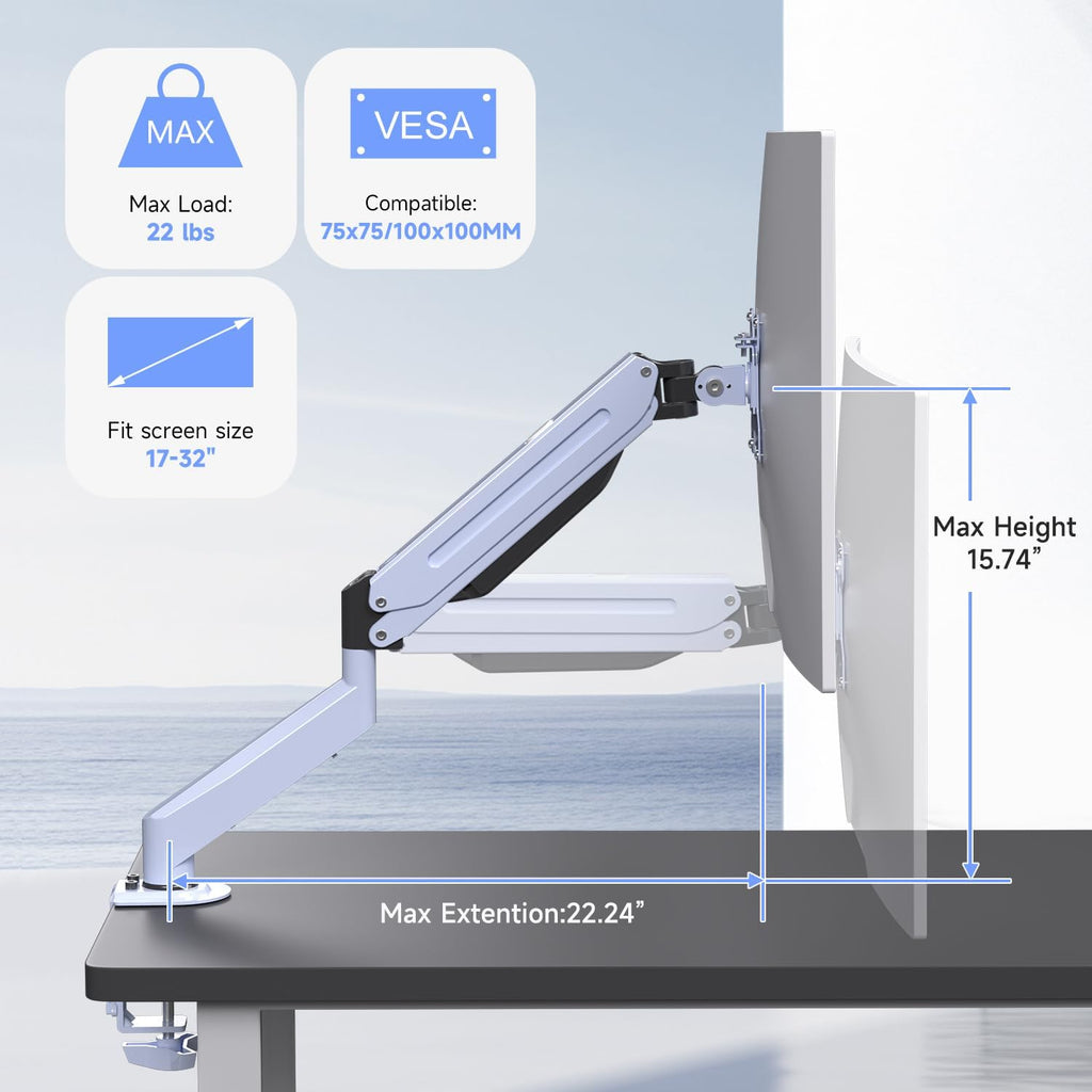 Suptek Monitor Mount Gas Spring Monitor Arm Desk Mount Fully Adjustable Fits 17-32inch Monitors Weight Capacity up to 22 lbs,Blue(MD8BLUE)