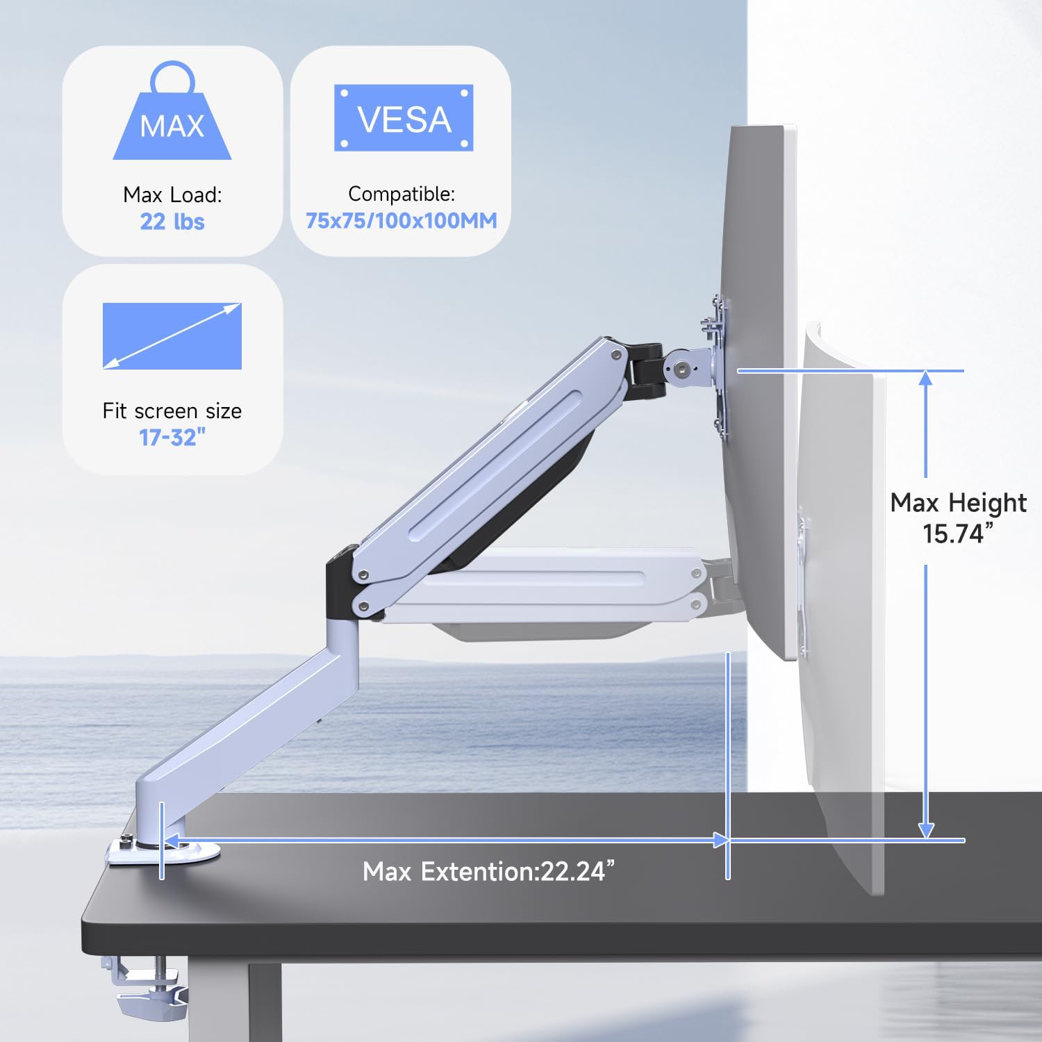Suptek Monitor Mount Gas Spring Monitor Arm Desk Mount Fully Adjustable Fits 17-32inch Monitors Weight Capacity up to 22 lbs,Blue(MD8BLUE)
