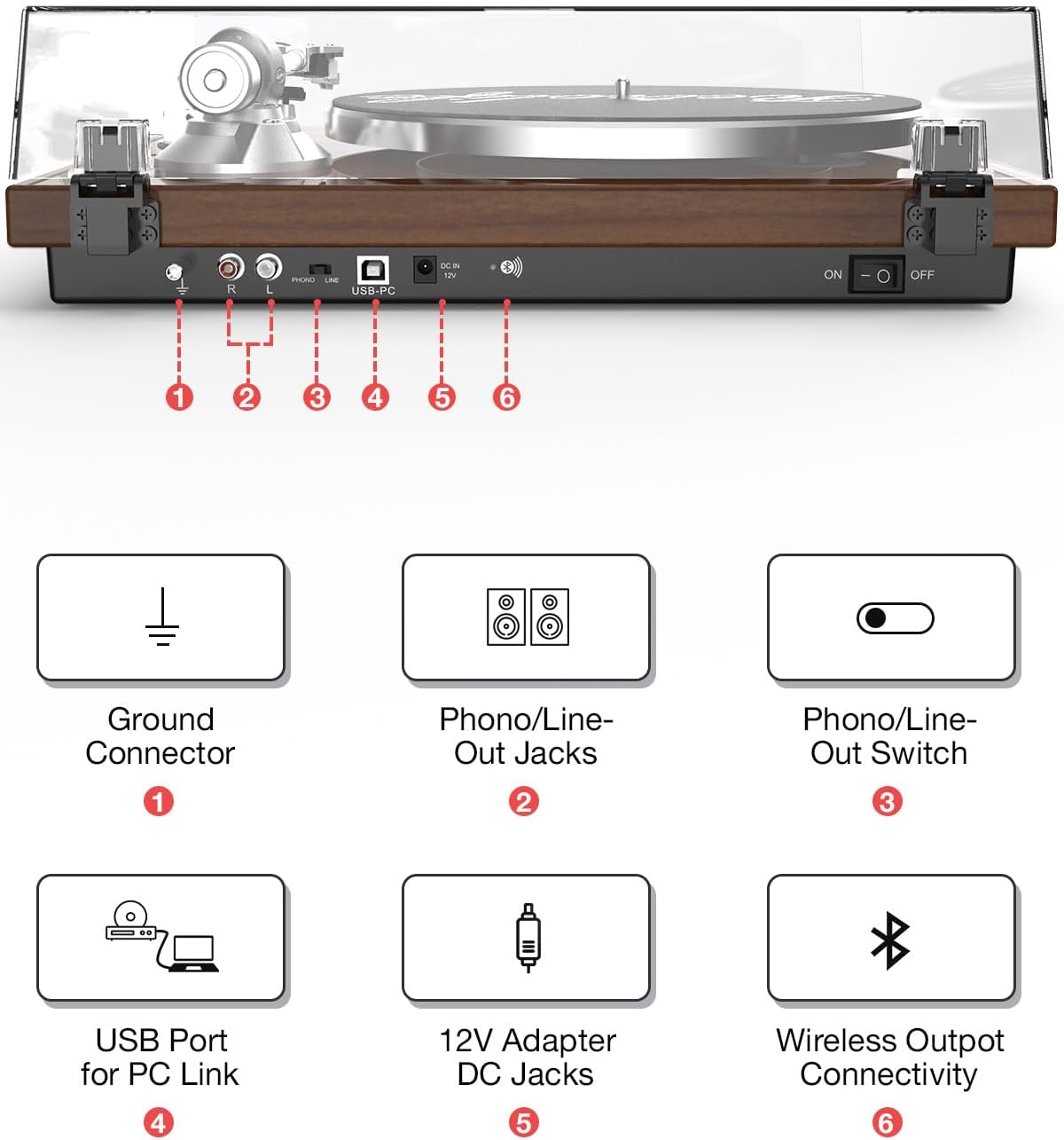 Record Player for Vinyls Turntables Wireless Output Connectivity Belt-Drive 33 45 RPM Speed Phono Line USB Digital to PC Recording MM Audio Cartridge Stylus Adjustable Counterweight Vintage Brown