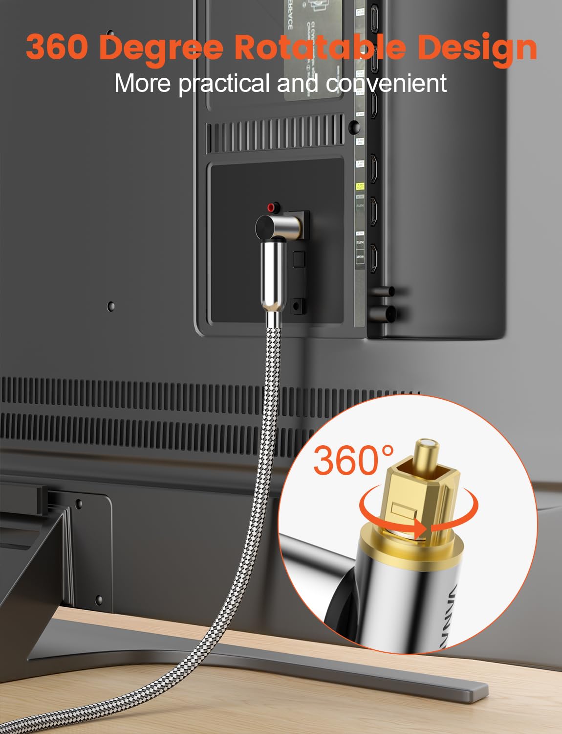 VANAUX 90-Degree Optical Audio Cable 3FT,90 Degree to 90 Degree Fiber Optic Toslink Cable(24K Gold-Plated Connectors,Braided Jacket) Ideal for Tight Spaces,Home Theater,Soundbars,Gaming Consoles