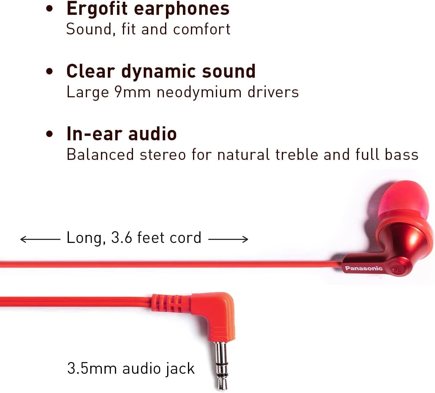 Panasonic ErgoFit Wired Earbuds, 3.5mm Jack in-Ear Headphones with Dynamic Crystal-Clear Sound and Soft Ergonomic Custom-Fit Earpieces (S/M/L), for Phones and Laptops - RP-HJE120-RA (Metallic Red)
