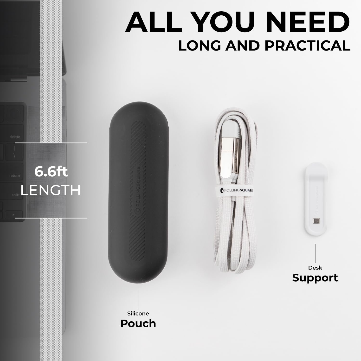 Rolling Square inCharge XL 200 cm - USB-C Cable, Universal Smartphone Cable, Gift for Men, 6-in-1 Universal Charger for Smartphones, Technical Gadget, White, Lightning Cable 100W