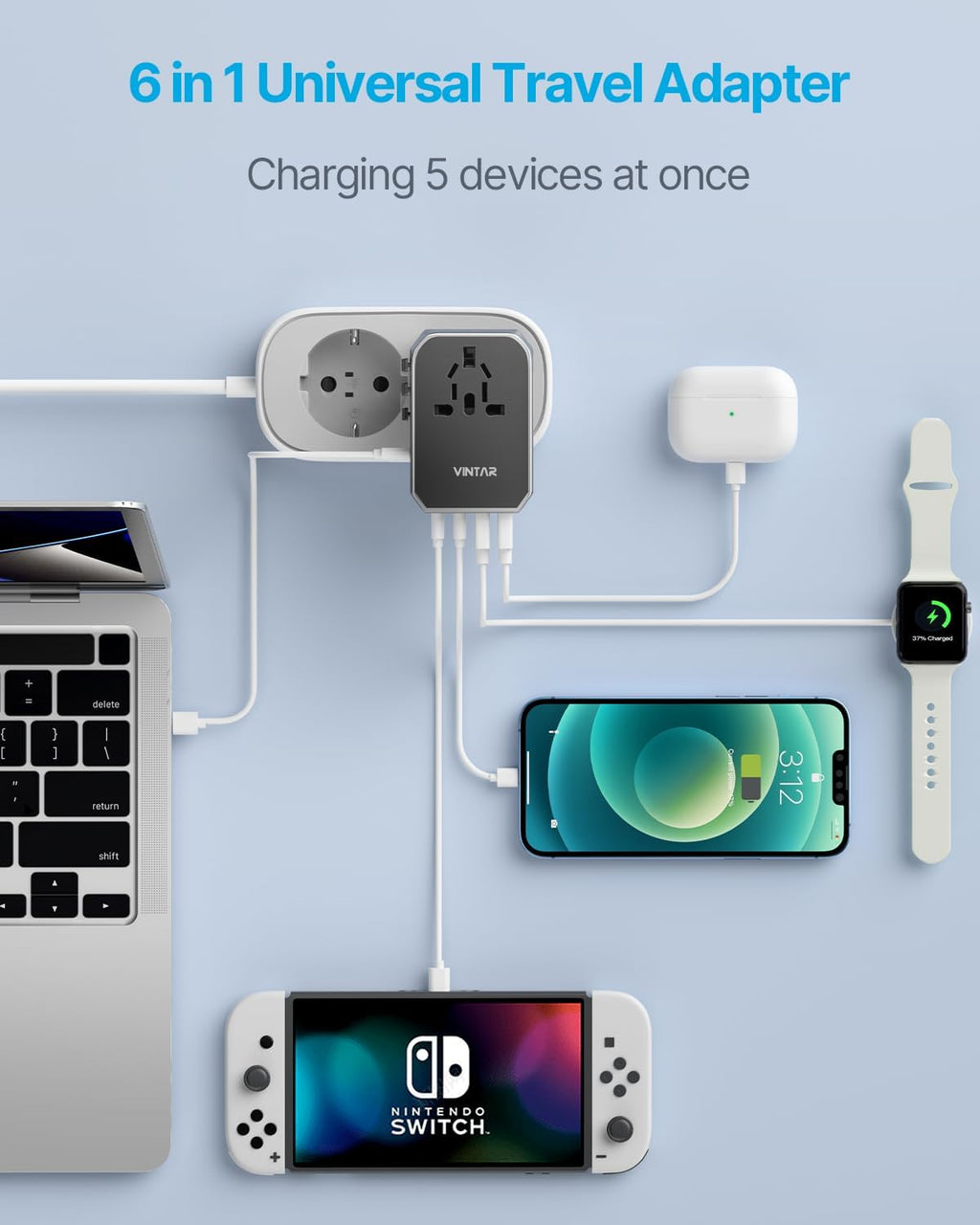 Universal Travel Adapter, VINTAR 70W GaN International Power Adapter with 5 USB Ports (3 USB-C), All-in-one Travel Essentials Plug Adaptor, Travel Adapter Worldwide for UK/EU/USA/AUS, Black
