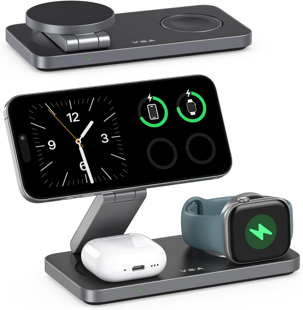 VBA 3 in 1 Wireless Charging Station for Apple MagSafe Charger,Foldable Fast Charging Magnetic Wireless Charger Stand,Travel Charger for iPhone 16 15 14 13 12,Apple Watch,AirPods Pro(Black)