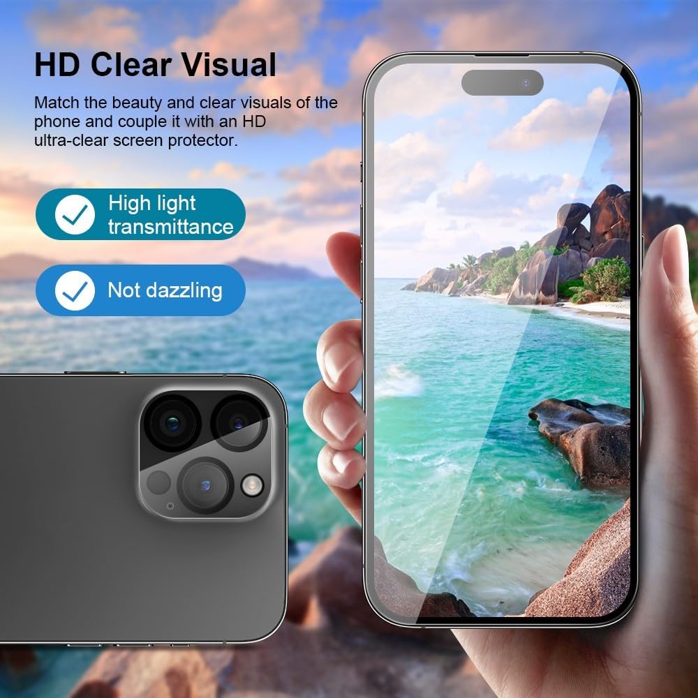 2 pack Full 9H+ Military Grade Glass Screen Protector for iPhone 15 Pro Max + 2 pack Camera Lens Protector with easy Installation Frame Case Friendly Shatterproof Tempered Glass 9H+ Hardness HD Clear Anti-Scratch Glass Full Edge Coverage (6.7) 15 ProMax