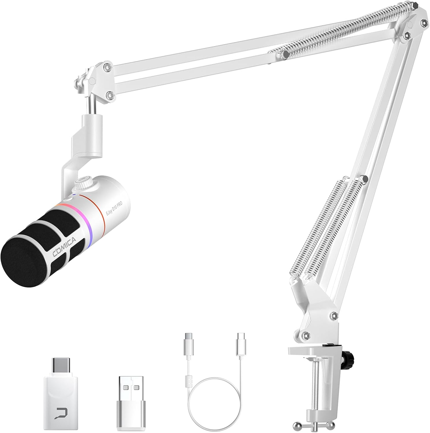 EJoy D10 PRO(A) USB Wireless Gaming Microphone – Boom Arm Mic with Wired/Wireless Modes, XLR/USB-C, Real-Time Monitoring, 45H Battery, RGB Dynamic Mic for Gaming, Streaming, Podcast, Recording (White)