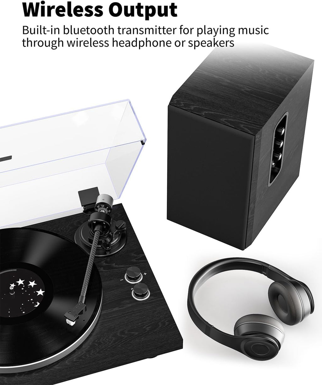 Turntable Vinyl Record Player Support Bluetooth Output Phono/Line Switch Pitch Control with Pre-Installed Counterweight & Magnetic Cartridge, Belt Drive 2 Speed