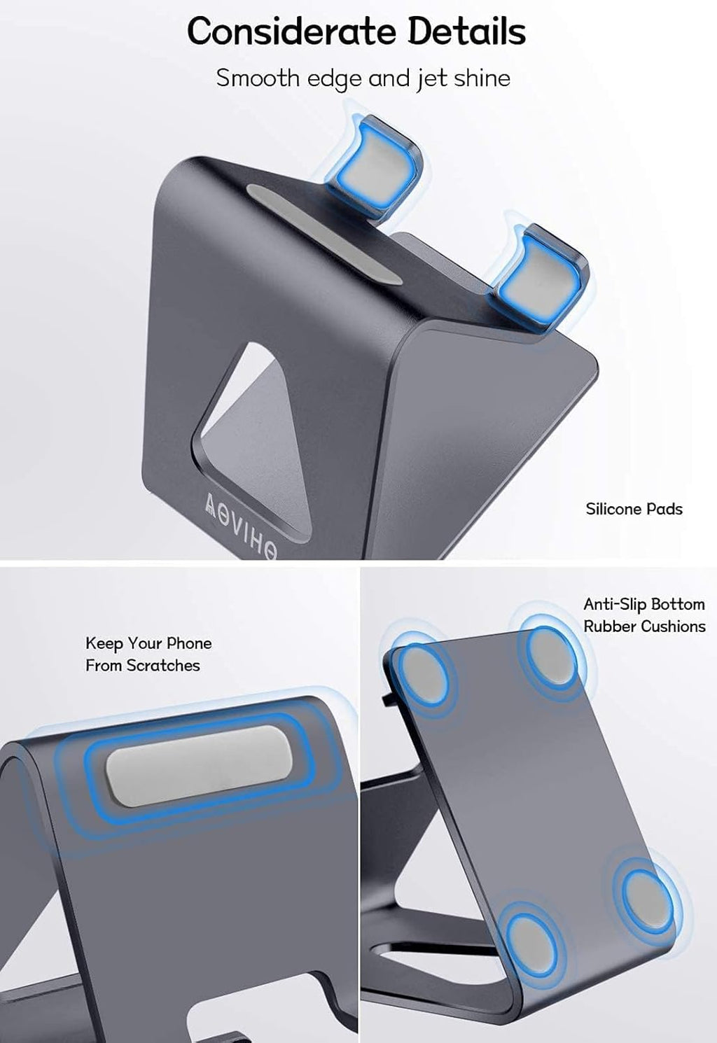 Cell Phone Stand Desk Phone Holder - Aluminum Mobile Phone Cradle Dock for iPhone 15 14 13 12 pro 11 X Xs max 8 7 6 6s Plus SE 5 Samsung All Smart Phones, Dark Gray