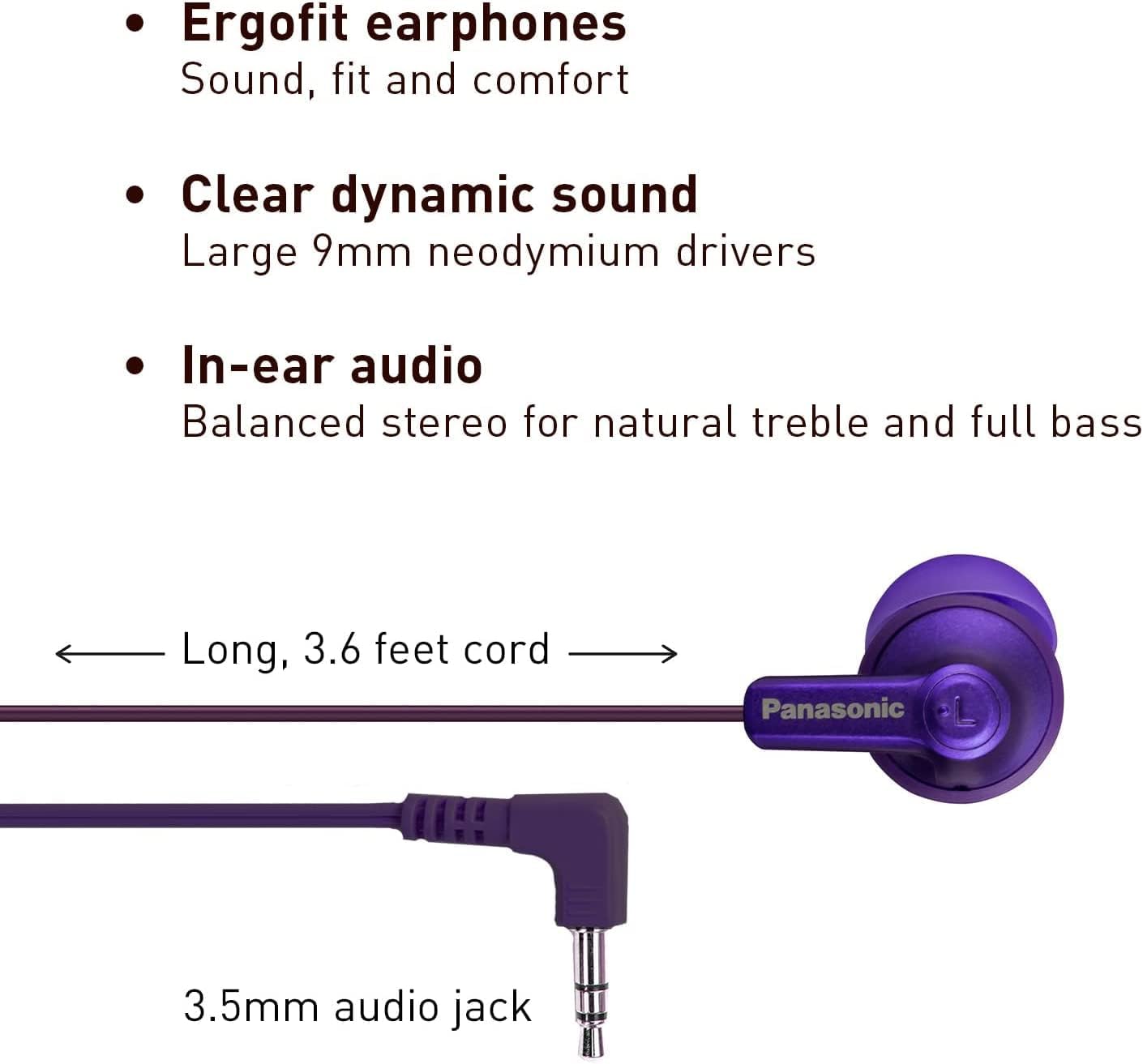 Panasonic ErgoFit Wired Earbuds, 3.5mm Jack in-Ear Headphones with Dynamic Crystal-Clear Sound and Soft Ergonomic Custom-Fit Earpieces (S/M/L), for Phones and Laptops - RP-HJE120-VA (Metallic Purple)