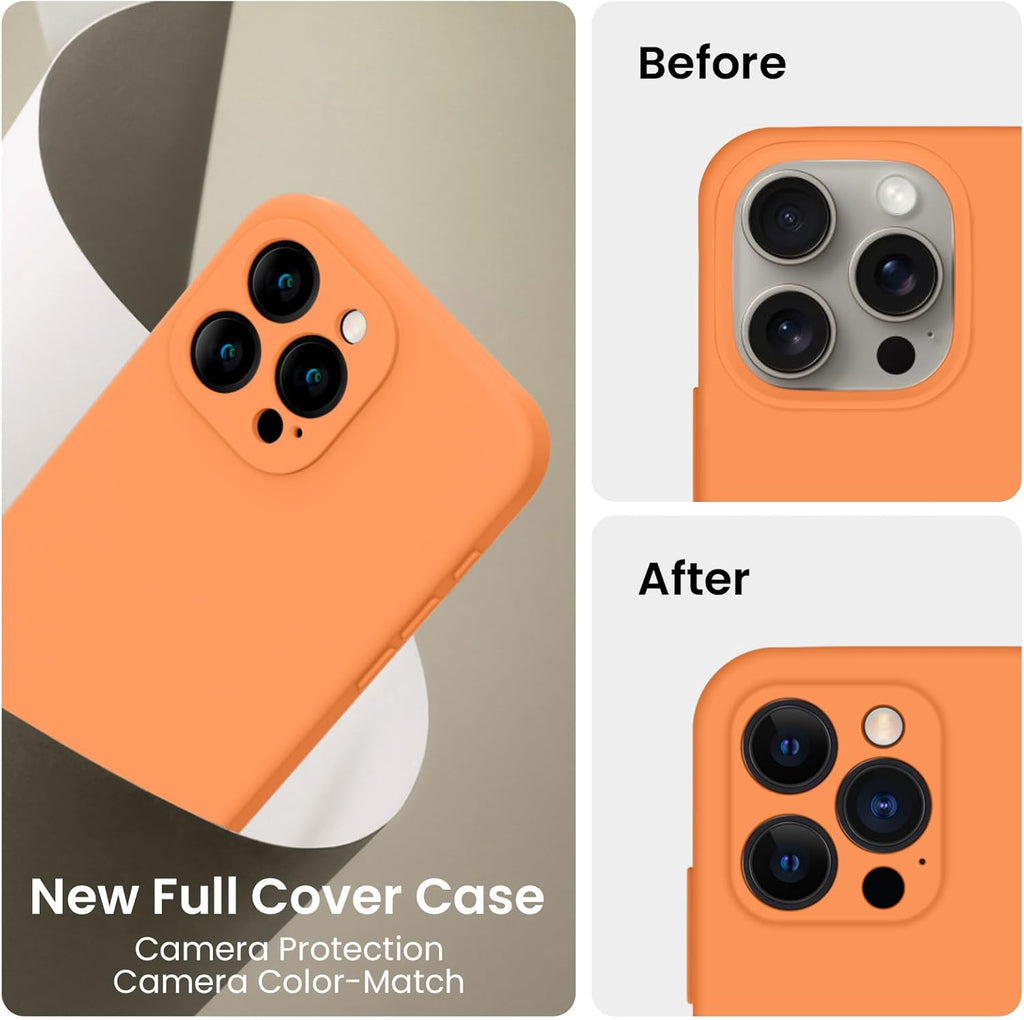 FireNova Designed for iPhone 15 Pro Max Case, Silicone Upgraded [Camera Protection] Phone Case with [2 Screen Protectors], Soft Anti-Scratch Microfiber Lining Inside, 6.7 inch, Kumquat