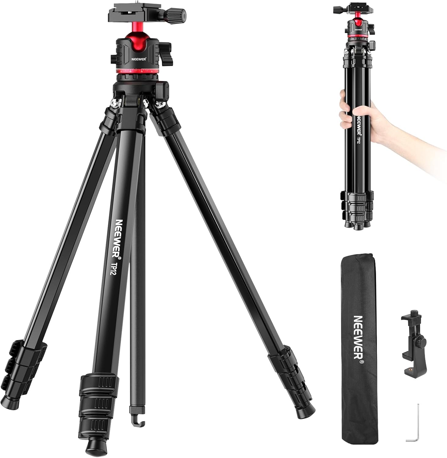 NEEWER Basics 66.5"/169 cm Travel Tripod for Camera, Lightweight Portable DSLR Stand with Ball Head, Arca Type QR Plate, Cell Phone Holder Compatible with iPhone Video Recording, Max Load 11 lb, TP12