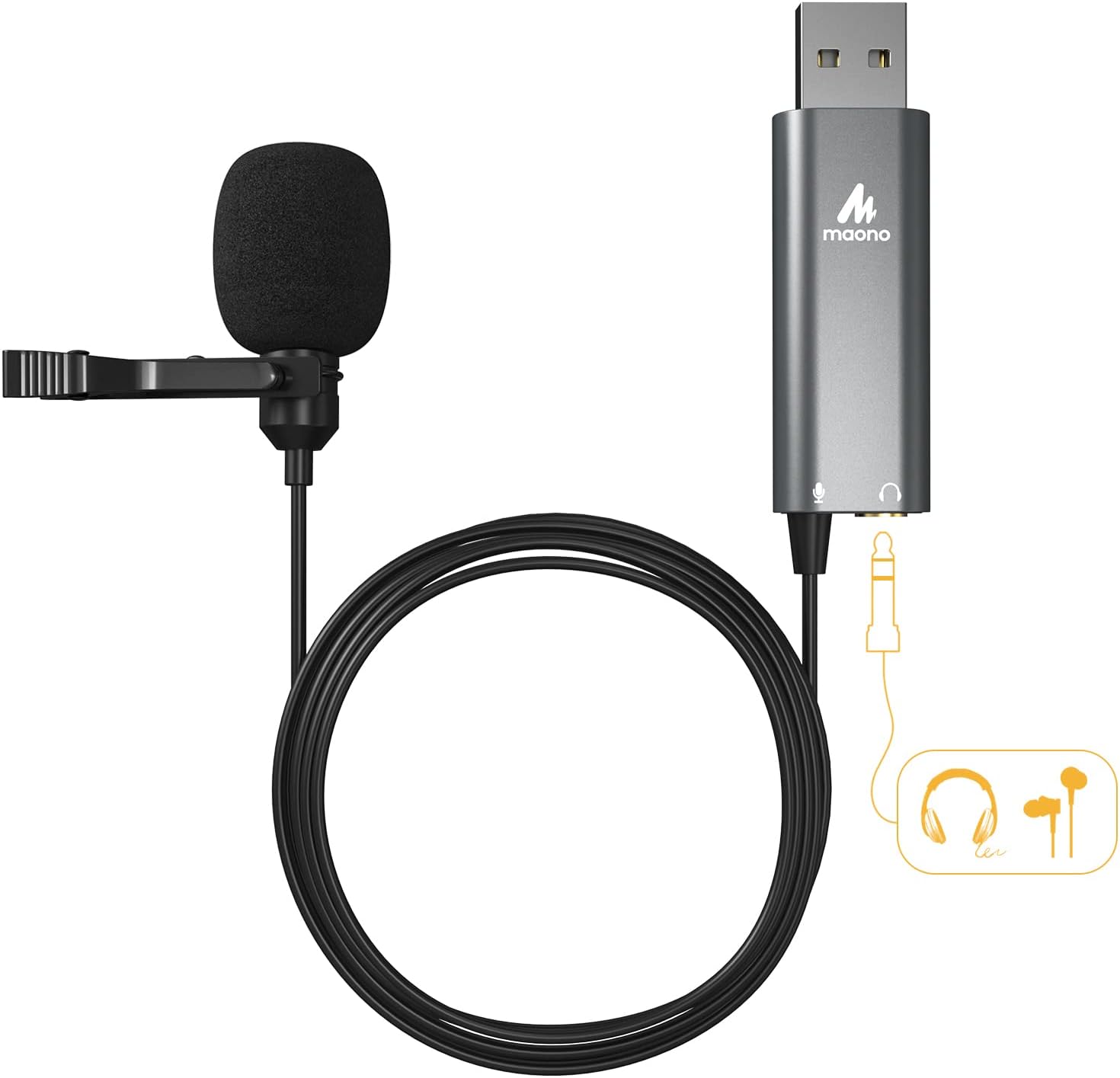 MAONO USB Lavalier Microphone with Headphones Jack, Omnidirectional Computer Lapel Clip Mic for Recording, Gaming, Streaming, Podcasting, YouTube, Skype, PC, Laptop, Mac, AU-UL20