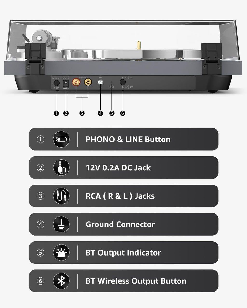 Turntable Record Player Wireless Output Carbon Fiber Tonearm Vinyl Player Aluminium Platter Belt-Drive LP Turn Tables 33 1/3&45 RPM Phono Level Audio RCA Line Output AT-3600L MM Cartridge Grey