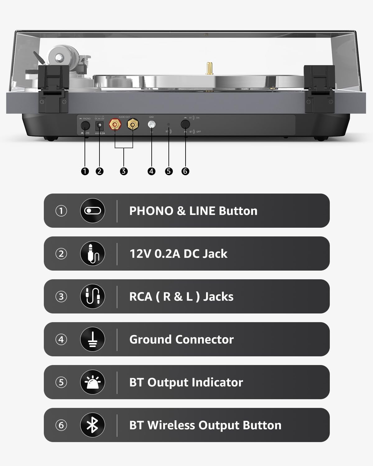 Turntable Record Player Wireless Output Carbon Fiber Tonearm Vinyl Player Aluminium Platter Belt-Drive LP Turn Tables 33 1/3&45 RPM Phono Level Audio RCA Line Output AT-3600L MM Cartridge Grey