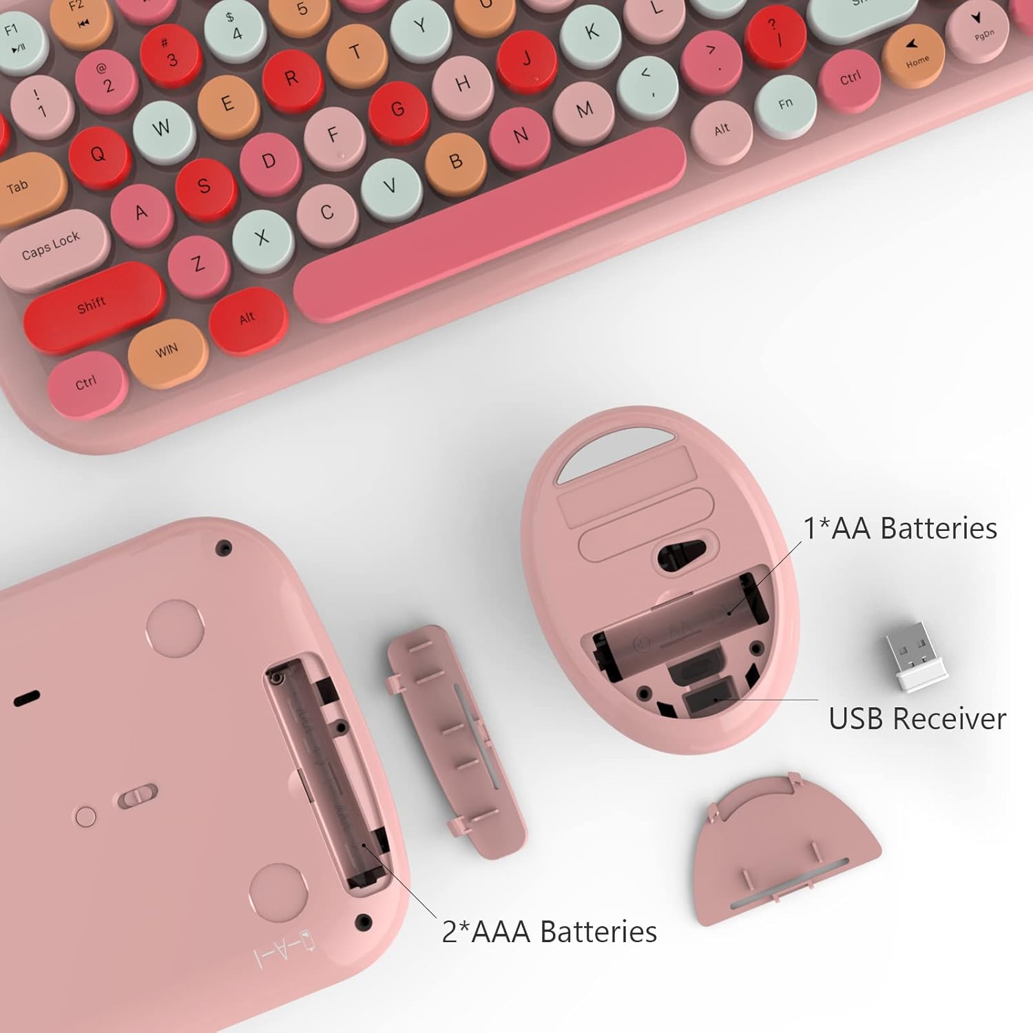 KNOWSQT Wireless Keyboard and Mouse Combo, Light Pink 100 Keys 2.4 GHz Round Keycap Typewriter Keyboards, USB Receiver Plug and Play, for Windows, PC, Laptop, Computer, Desktop