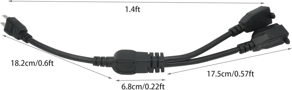 Y Splitter Extension Cord, 1.4FT 2 Way 1 to 2 Splitter Extension Cord, 3 Prong SJT 16AWG NEMA 5-15P to NEMA 5-15R x2, Male to Female Power Cord Cable Wire Extender Space Saver, 125V 13A 1625W, Black