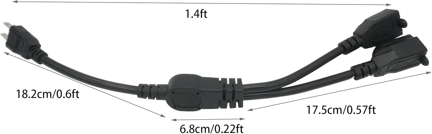 Y Splitter Extension Cord, 1.4FT 2 Way 1 to 2 Splitter Extension Cord, 3 Prong SJT 16AWG NEMA 5-15P to NEMA 5-15R x2, Male to Female Power Cord Cable Wire Extender Space Saver, 125V 13A 1625W, Black