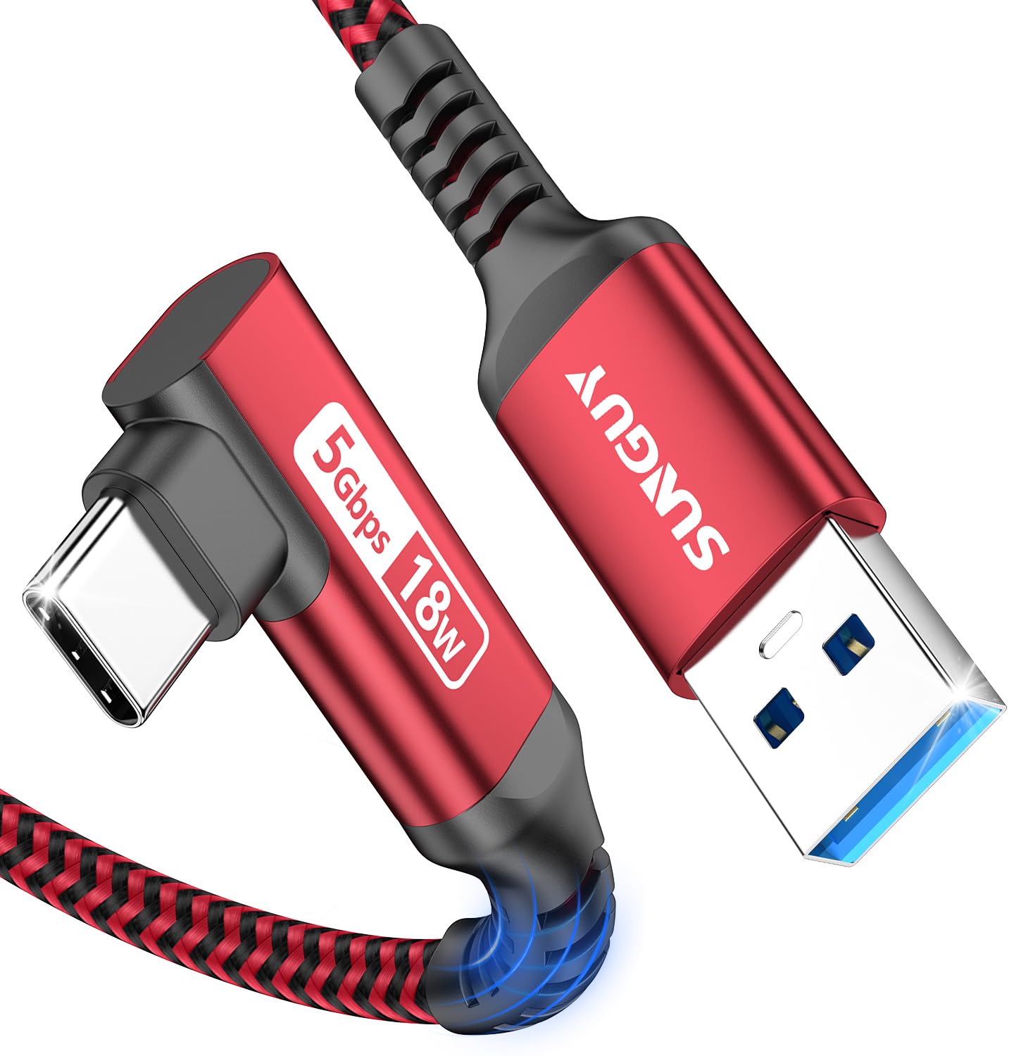 SUNGUY USB C Cable Right Angle 10FT, 5Gbps USB 3.0 to USB C Data Cable Compatible with iPhone 16/15 Series, Android Auto, Samsung Galaxy S24/S23, SSD, Huawei P30/P20, i-Pad Pro-Red