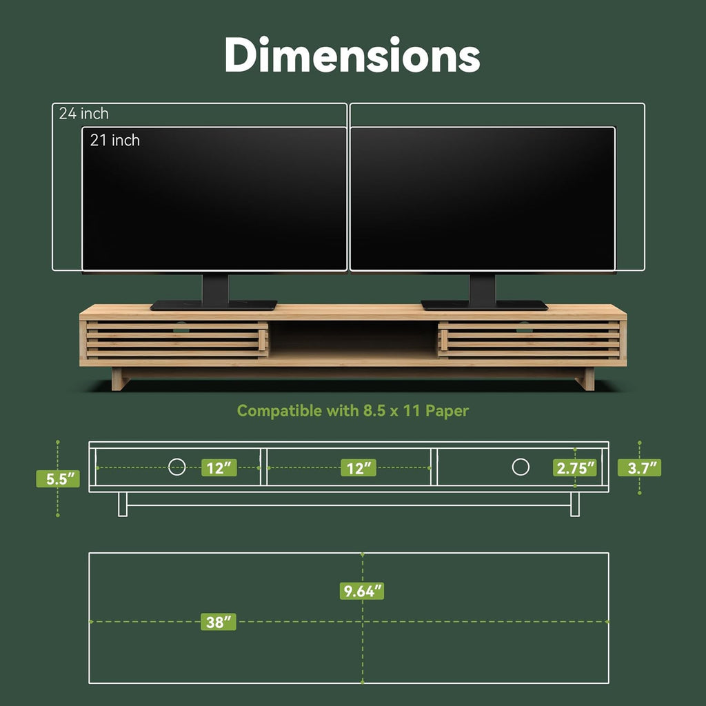 Dual Monitor Stand Riser with Sliding Door, Double Computer Laptop Stand Desk Shelf Organizer with Storage (Natural Bamboo, 38 Inch)