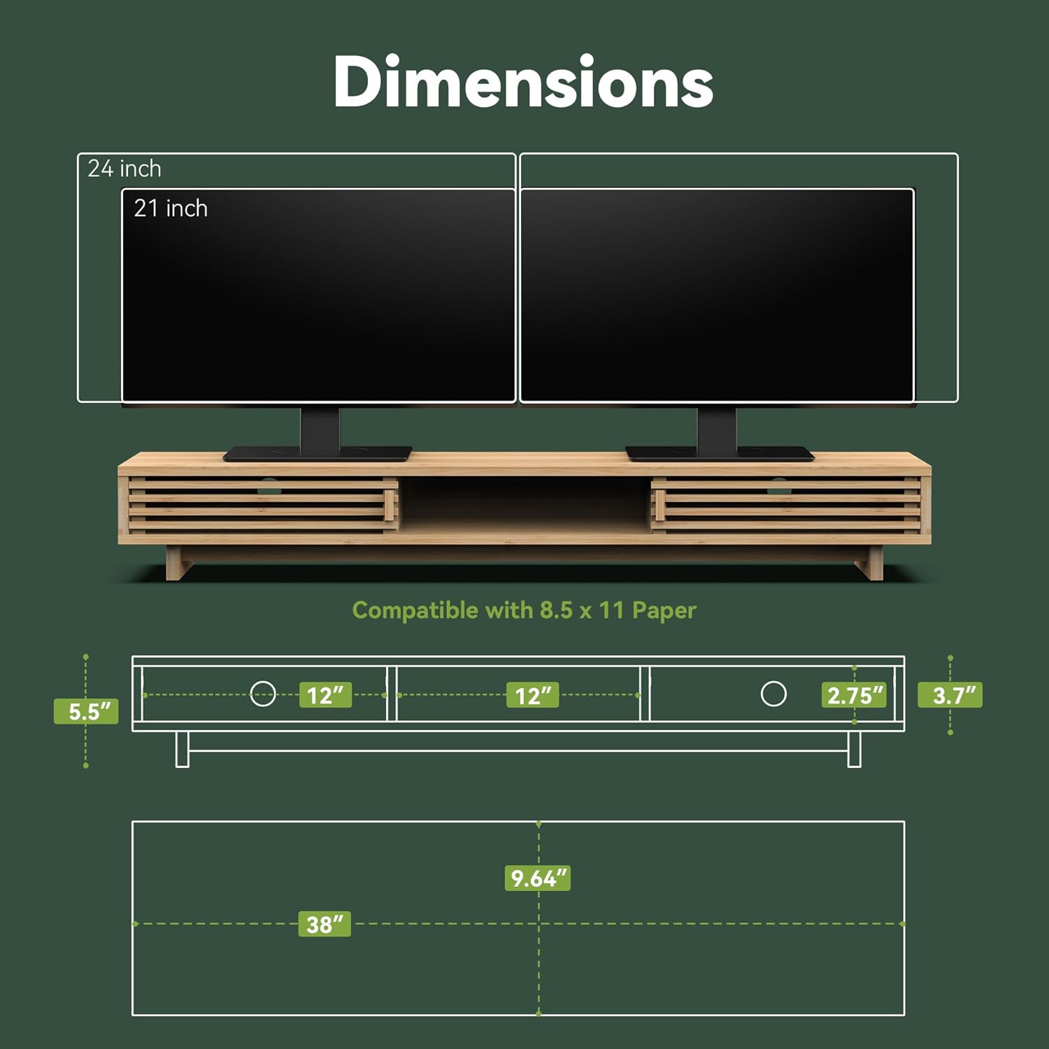 Dual Monitor Stand Riser with Sliding Door, Double Computer Laptop Stand Desk Shelf Organizer with Storage (Natural Bamboo, 38 Inch)