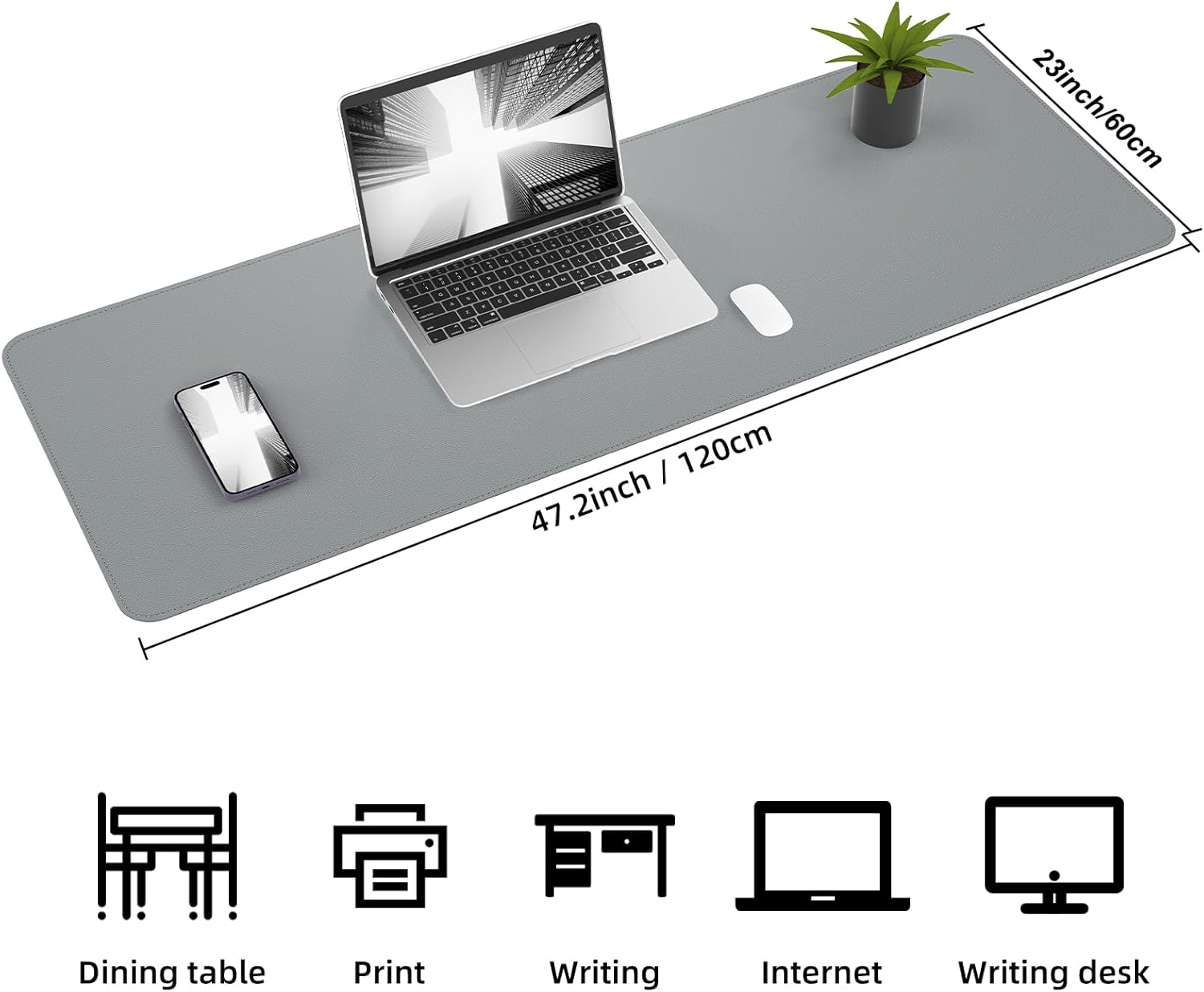 Leather Desk Protector, 47in*23.7in Large Mat with Natural Cork & PU Leather, Mouse Pad, Non-Slip Office Mat, Waterproof Writing Pad for Office and Home (Light Grey)