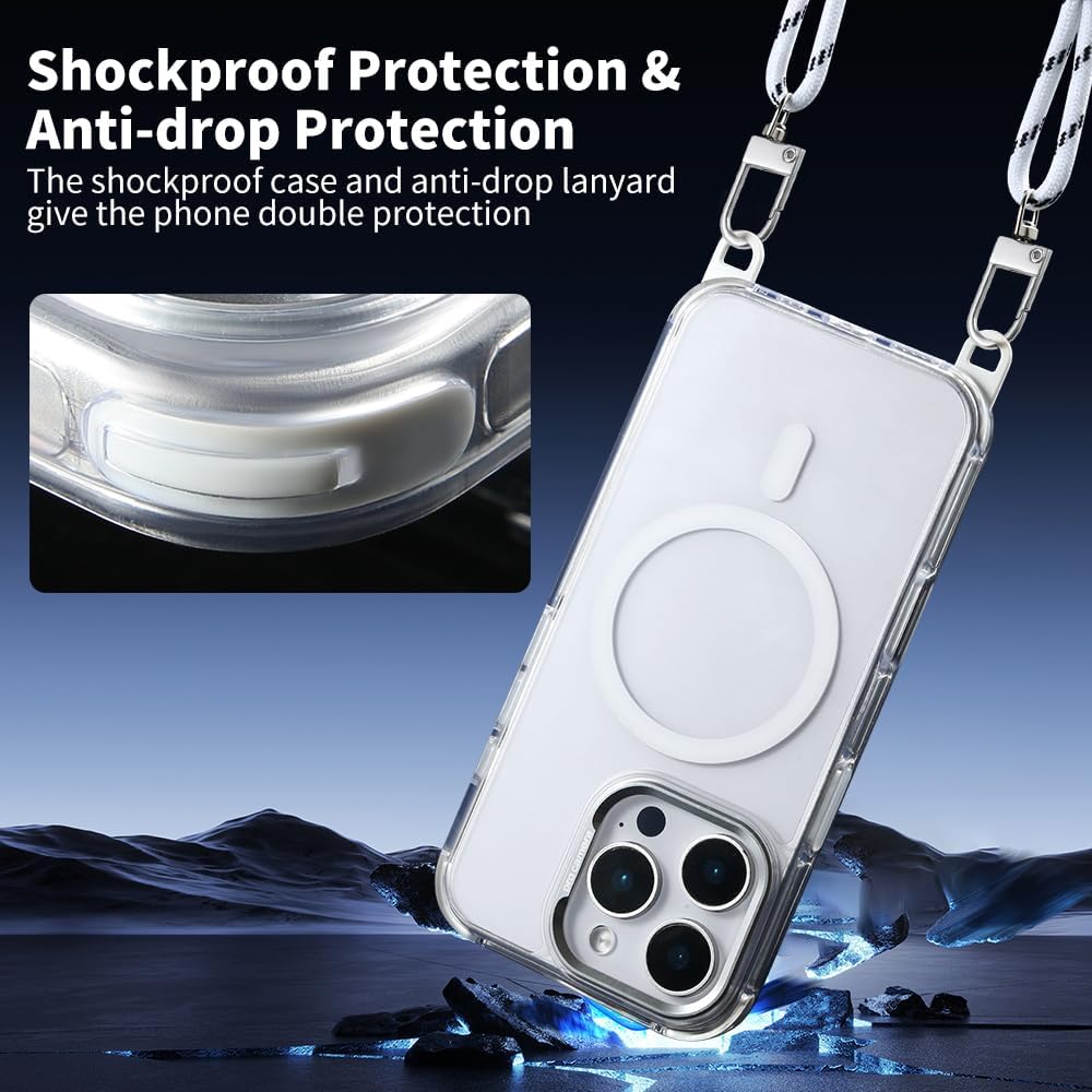 for iPhone 16 Pro Case with 62.99 inch Lanyard, Classic Clear&White Magnetic Phone Case, Drop&Shockproof Protection Cases, Phone Lanyard for Around The Neck, Compatible with Magnet Accessory
