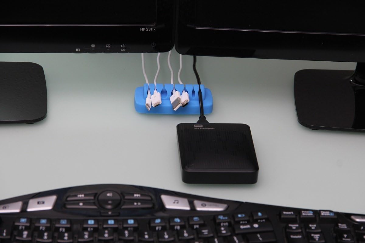 Heaviest Cable Organizer on The Market! Compact and Weighted Desktop Cord Holder and Cable Organizer, Eco-Friendly Silicone, No Bad Smell, Bundled with 4 Reusable Cable Ties! (Blue)