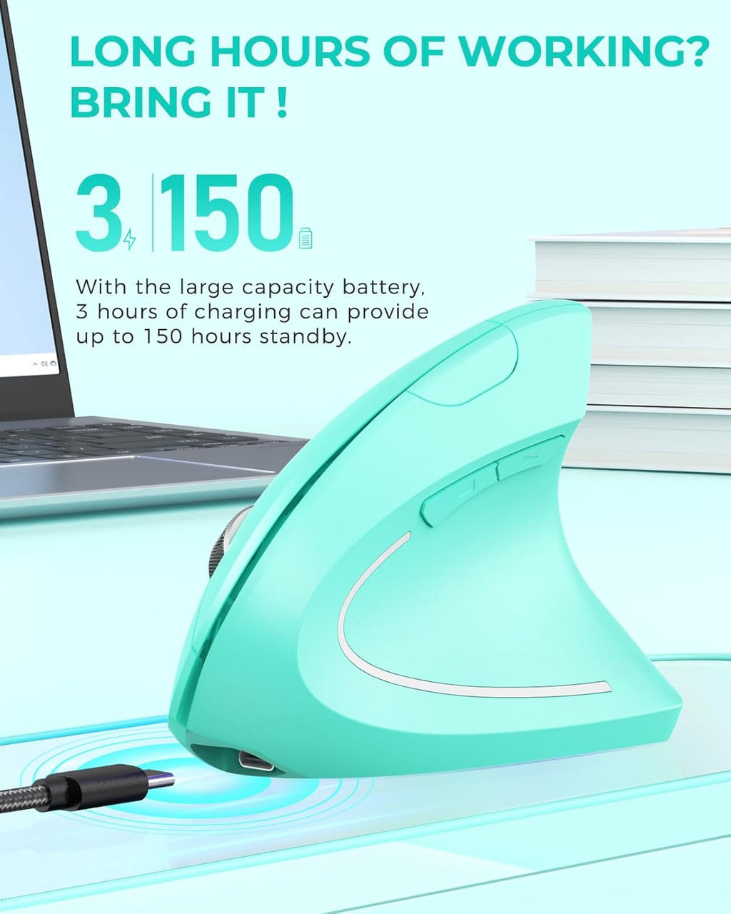 Lekvey Ergonomic Mouse, Vertical Wireless Mouse Rechargeable 2.4 GHz Optical Carpal Tunnel Mouse : 800/1200 / 1600 DPI, 6 Buttons, for Laptop, PC, Computer, Desktop, Notebook etc, Green
