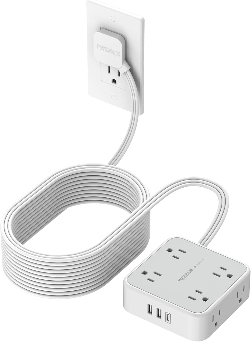 Flat Plug Long Extension Cord 25 Ft, TESSAN Power Strip Surge Protector with 8 Outlets 3 USB Ports (1 USB C), 900J Protection Desktop Charging Station for Home, Office, Dorm Room Essentials