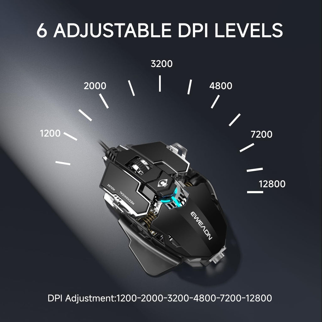 EWEADN G5 Wired Gaming Mouse, Ergonomic RGB Computer Mouse, 12800 Adjustable DPI, 9 Programmable Macro Buttons with Rapid Fire Key Compatible for PC/Laptop/Windows-Black&White