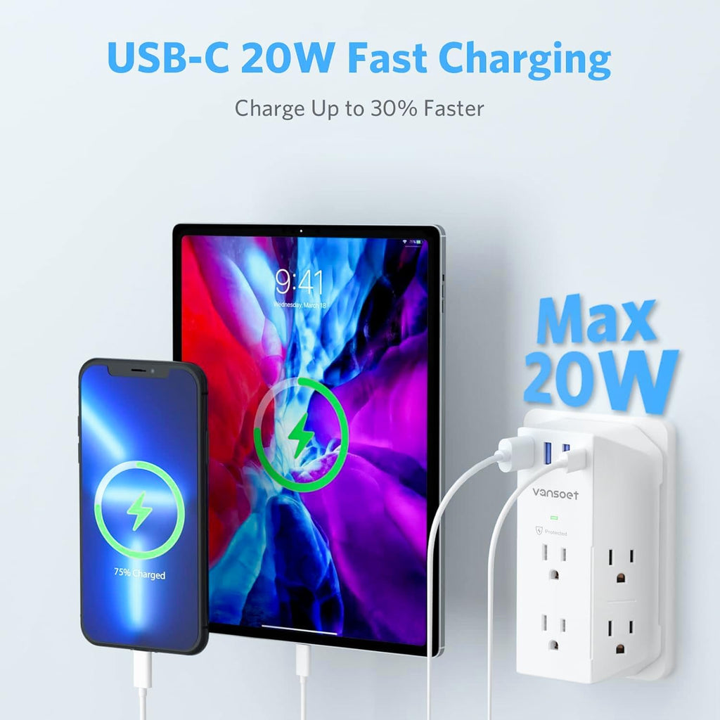 Outlet Extender, Vansoet 6 Outlet Splitter with 4 USB Ports(1 USB C PD 20W), 2100J Surge Protector Power Strip, 3 Side Multi Plug Outlet for Travel, Home, Office, Dorm