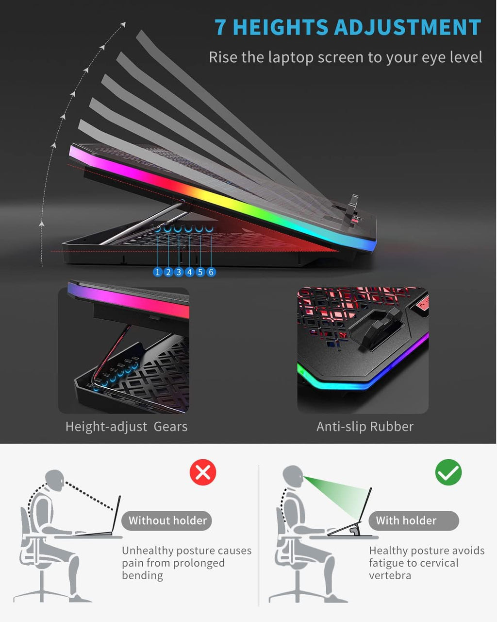 Laptop Cooling Pad, KeiBn RGB Lights Laptop Cooler 6 Fans for 15.6-17.3 Inch Laptops, 7 Height Stands, 10 Modes Light, 2 USB Ports, Desk or Lap Use (A8,Red)