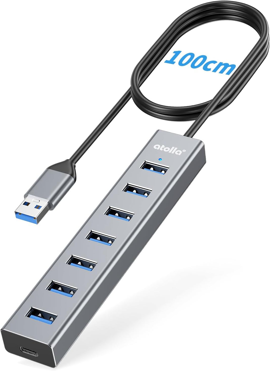 atolla Aluminum 7-Port USB 3.0 Hub with 1m Extension Cable - 5Gbps High-Speed Data Transfer for MacBook Pro, Laptop, PC, Gaming Setup-Gray